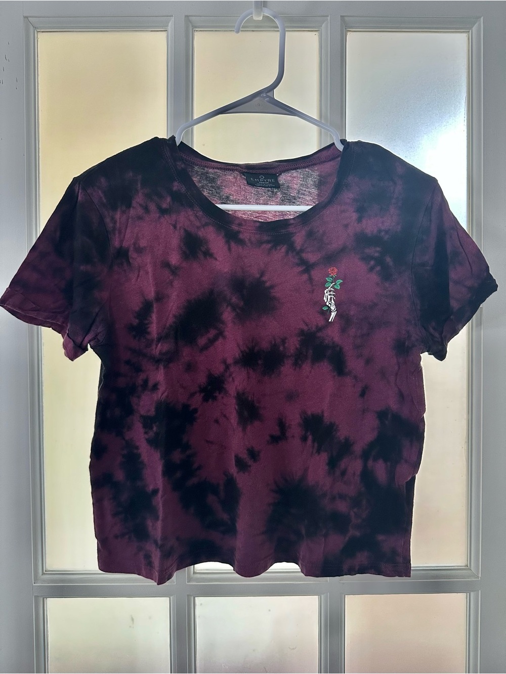 Empyre Burgundy and Black Tie-Dye Crop Tee with Rose Embroidery